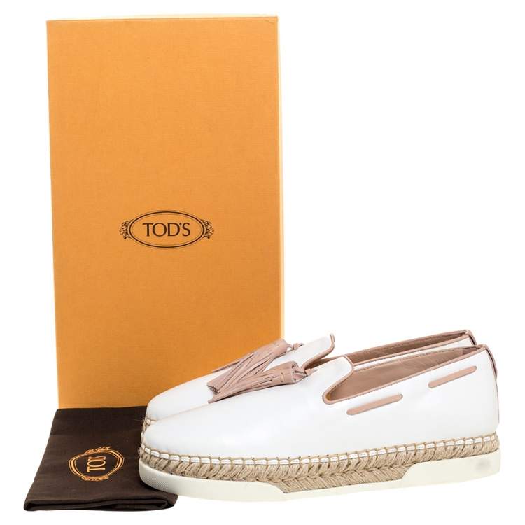 Pre Owned Tod's White Leather Tassel Detail Espadrille Loafers Size 40.5