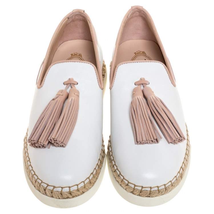 Pre Owned Tod's White Leather Tassel Detail Espadrille Loafers Size 40.5