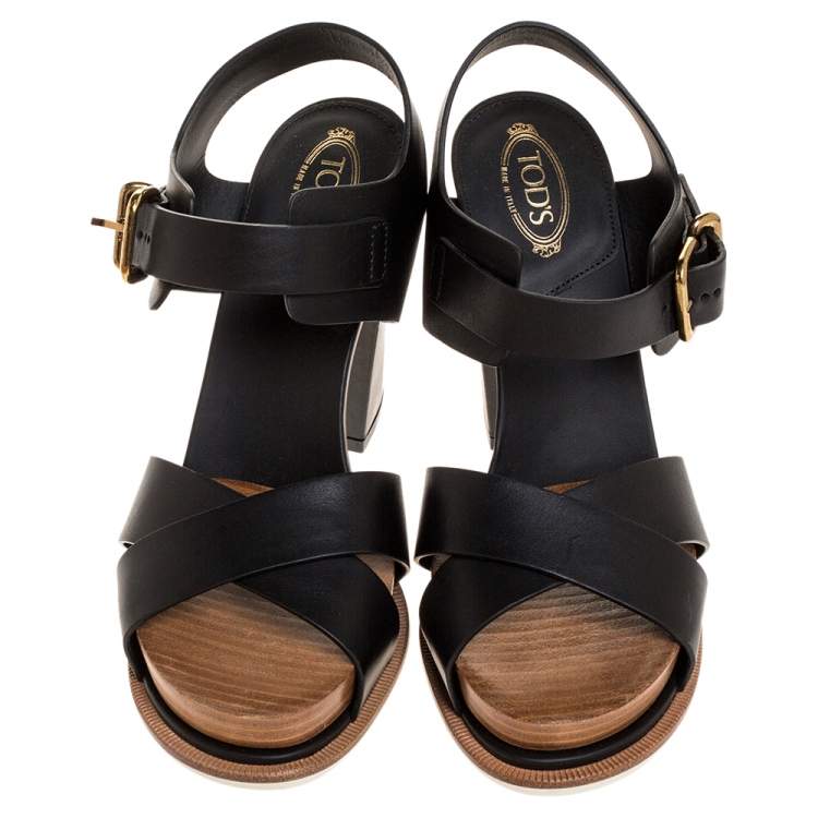 Pre Owned Tod's Black Leather Platform Ankle Strap Sandals Size 36.5
