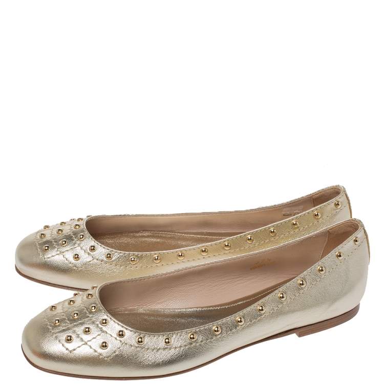 Pre Owned Tod's Metallic Gold Leather Studded Ballet Flats Size 37.5