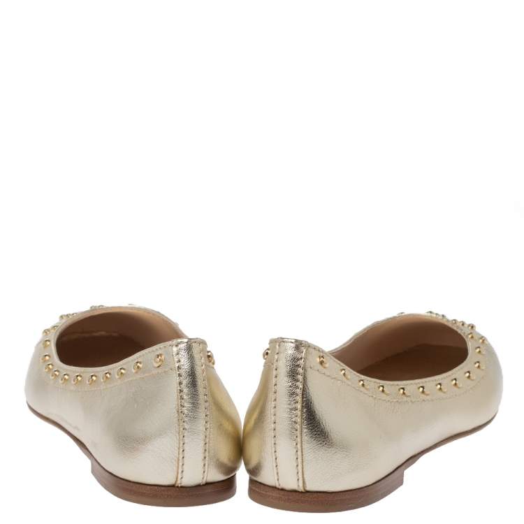 Pre Owned Tod's Metallic Gold Leather Studded Ballet Flats Size 37.5