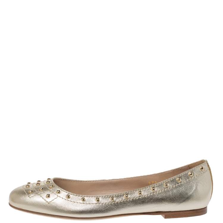 Pre Owned Tod's Metallic Gold Leather Studded Ballet Flats Size 37.5