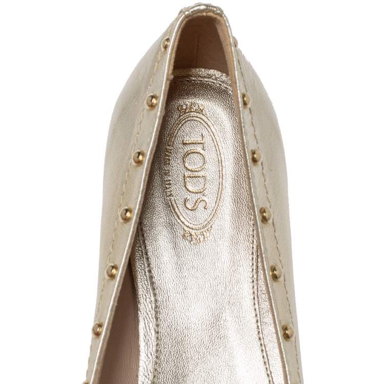 Pre Owned Tod's Metallic Gold Leather Studded Ballet Flats Size 37.5