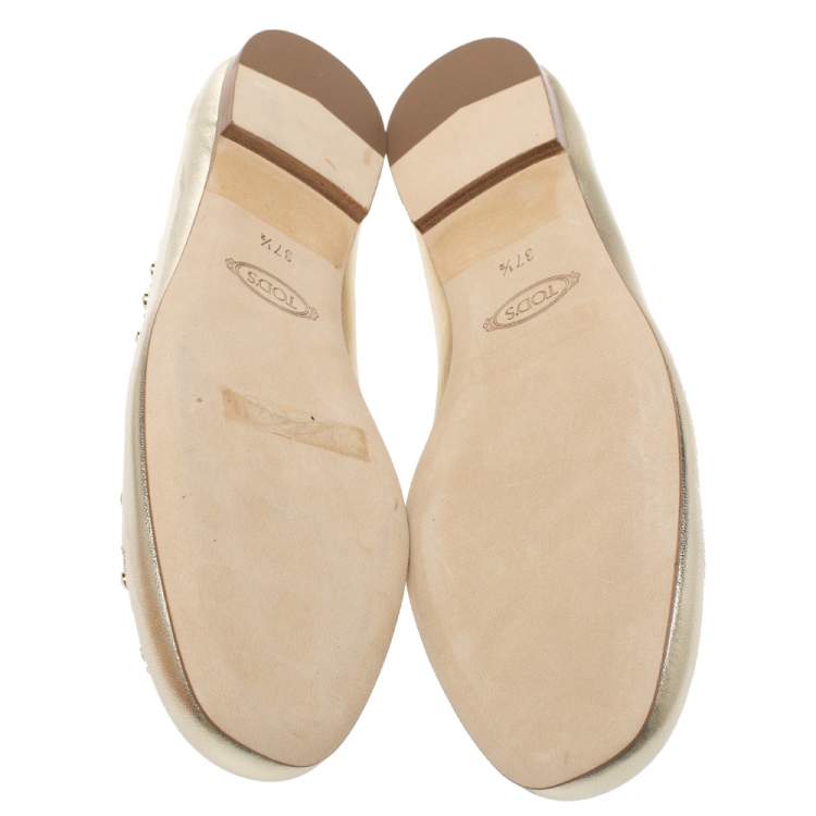 Pre Owned Tod's Metallic Gold Leather Studded Ballet Flats Size 37.5