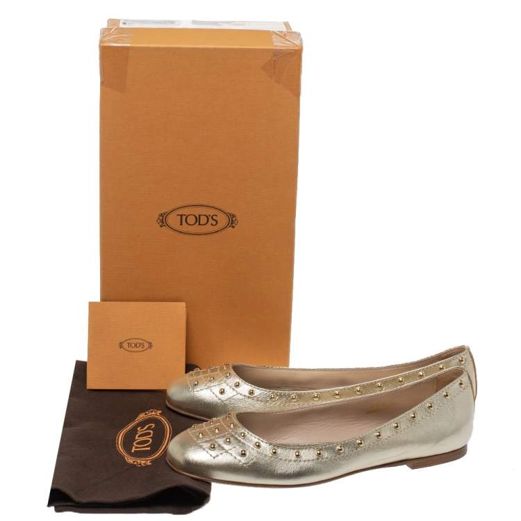 Pre Owned Tod's Metallic Gold Leather Studded Ballet Flats Size 37.5