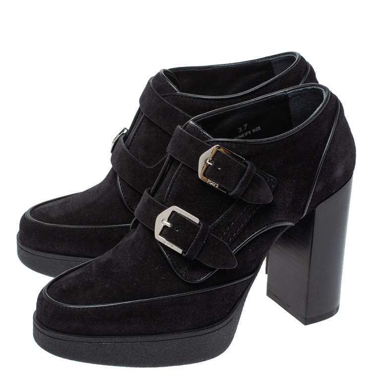 Pre Owned Tod's Black Suede Double Buckle Platform Booties Size 37
