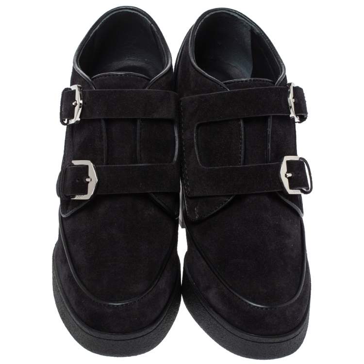 Pre Owned Tod's Black Suede Double Buckle Platform Booties Size 37