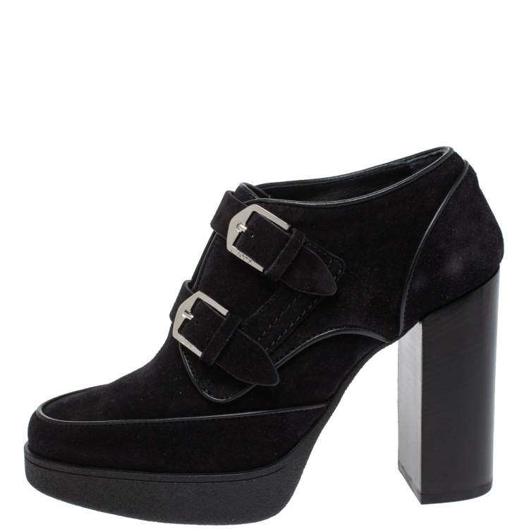Pre Owned Tod's Black Suede Double Buckle Platform Booties Size 37