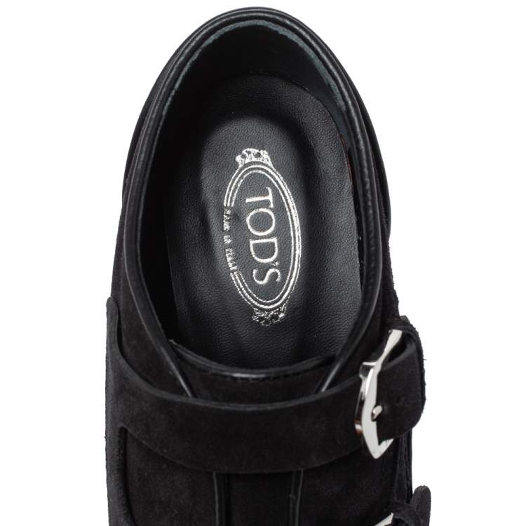 Pre Owned Tod's Black Suede Double Buckle Platform Booties Size 37