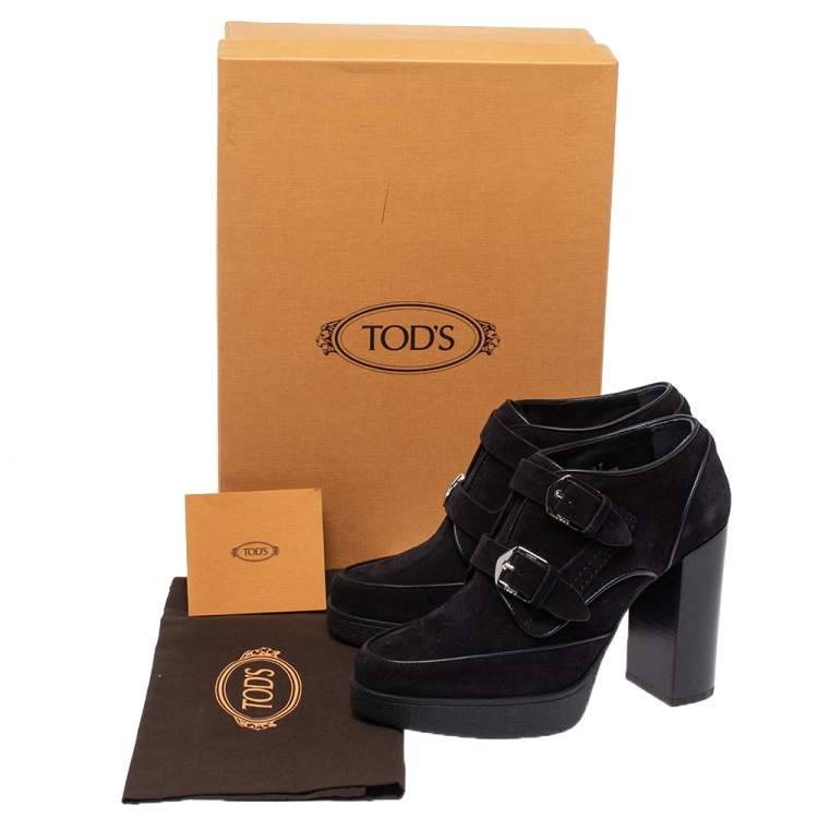 Pre Owned Tod's Black Suede Double Buckle Platform Booties Size 37