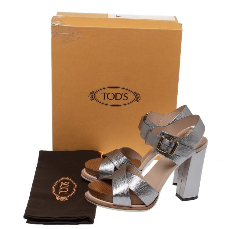 Pre Owned Tod's Sliver Leather Platform Ankle Strap Sandals Size 39.5