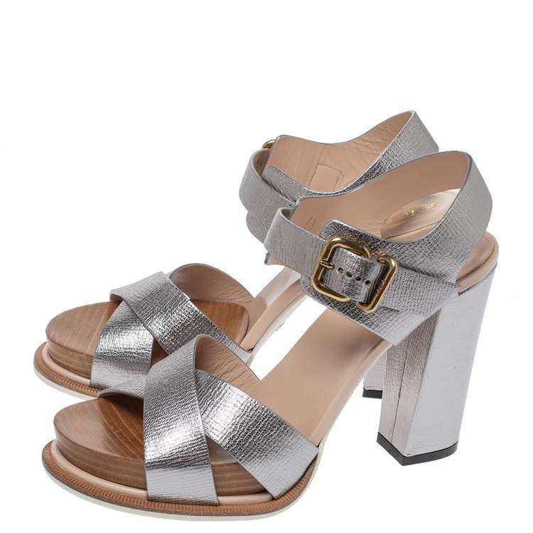 Pre Owned Tod's Sliver Leather Platform Ankle Strap Sandals Size 39.5