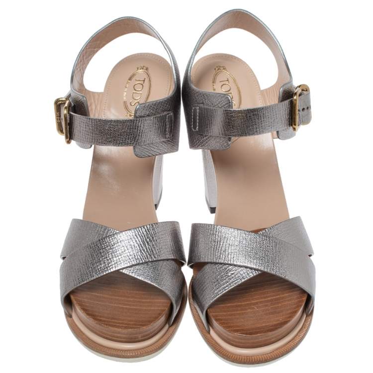 Pre Owned Tod's Sliver Leather Platform Ankle Strap Sandals Size 39.5