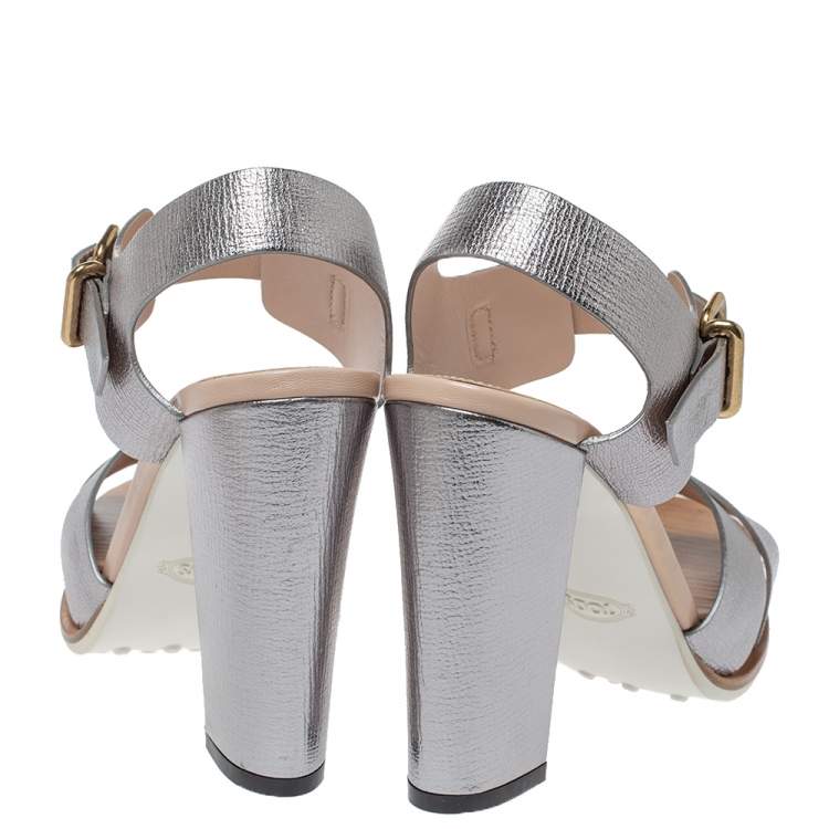 Pre Owned Tod's Sliver Leather Platform Ankle Strap Sandals Size 39.5