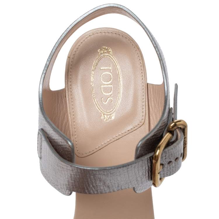 Pre Owned Tod's Sliver Leather Platform Ankle Strap Sandals Size 39.5