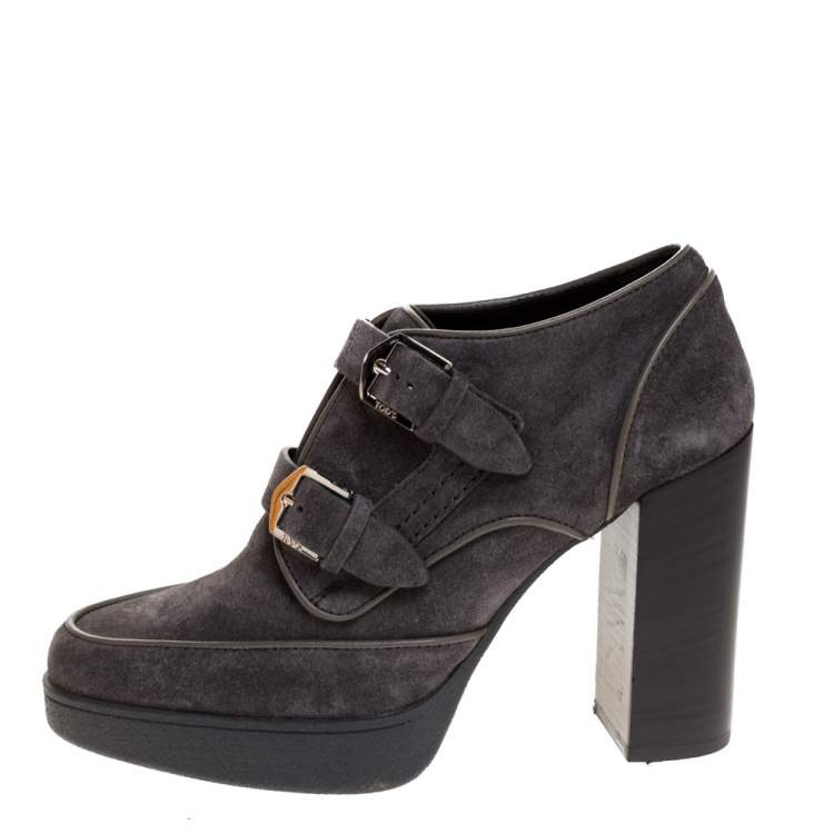Tod's Grey Suede Leather Platform Buckle Detail Ankle Booties Size 38