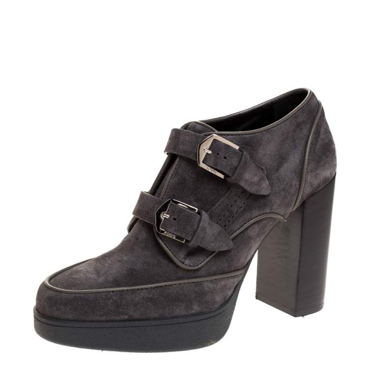 Tod's Grey Suede Leather Platform Buckle Detail Ankle Booties Size 38