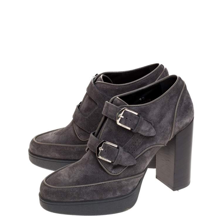 Tod's Grey Suede Leather Platform Buckle Detail Ankle Booties Size 38
