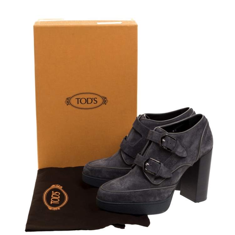 Tod's Grey Suede Leather Platform Buckle Detail Ankle Booties Size 38