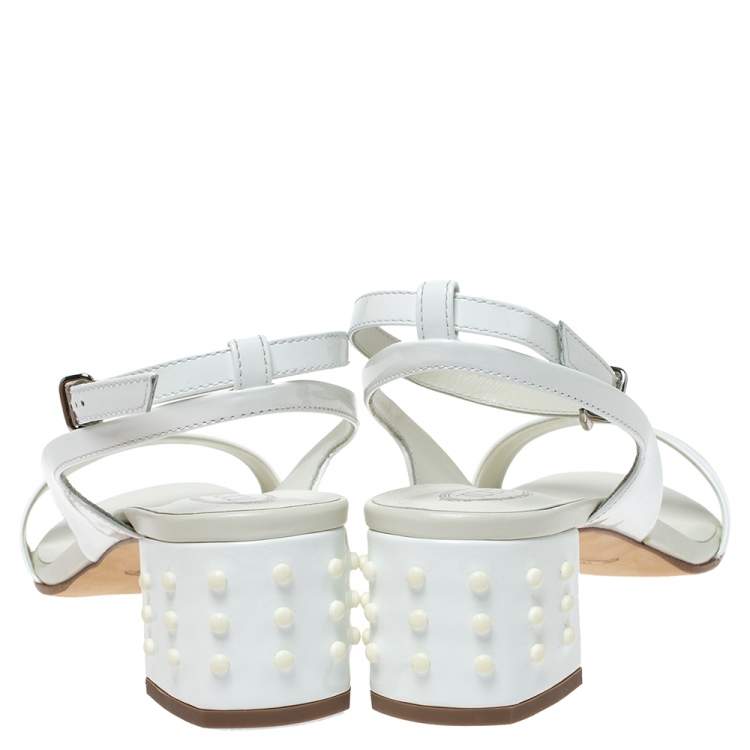 Pre Owned Tod's White Patent Leather Studded Heel Ankle Strap Sandals Size 38.5