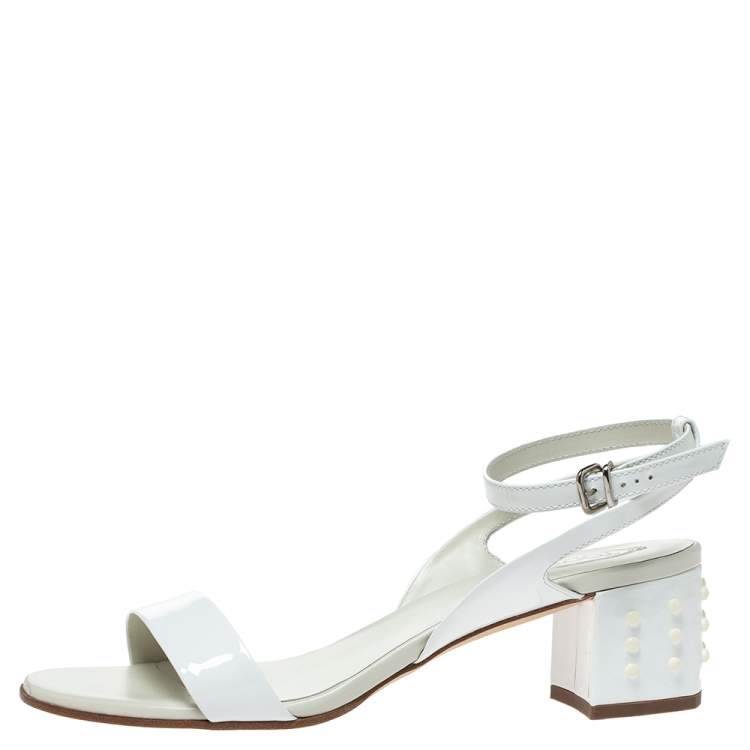 Pre Owned Tod's White Patent Leather Studded Heel Ankle Strap Sandals Size 38.5