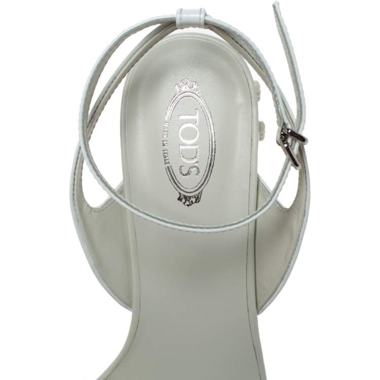 Pre Owned Tod's White Patent Leather Studded Heel Ankle Strap Sandals Size 38.5