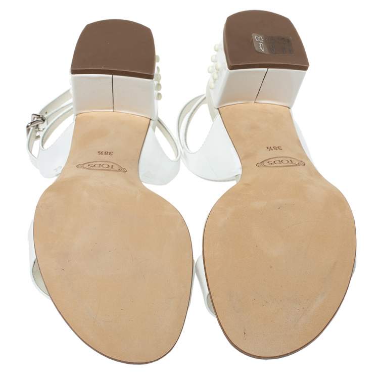 Pre Owned Tod's White Patent Leather Studded Heel Ankle Strap Sandals Size 38.5