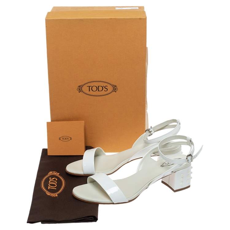 Pre Owned Tod's White Patent Leather Studded Heel Ankle Strap Sandals Size 38.5