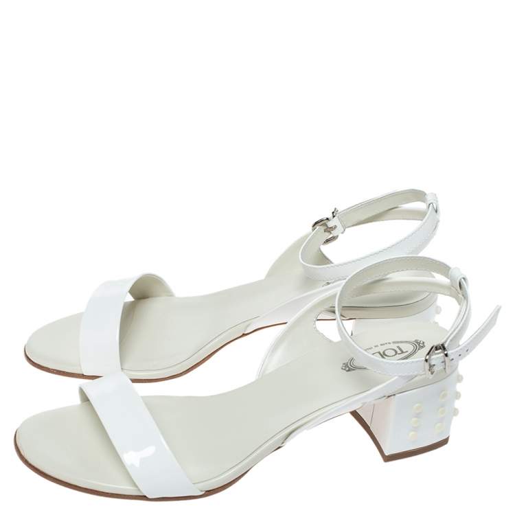 Pre Owned Tod's White Patent Leather Studded Heel Ankle Strap Sandals Size 38.5