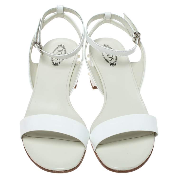Pre Owned Tod's White Patent Leather Studded Heel Ankle Strap Sandals Size 38.5