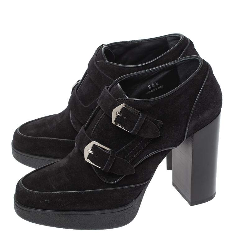Pre Owned Tod's Black Suede Leather Buckle Detail Platform Booties Size 38.5