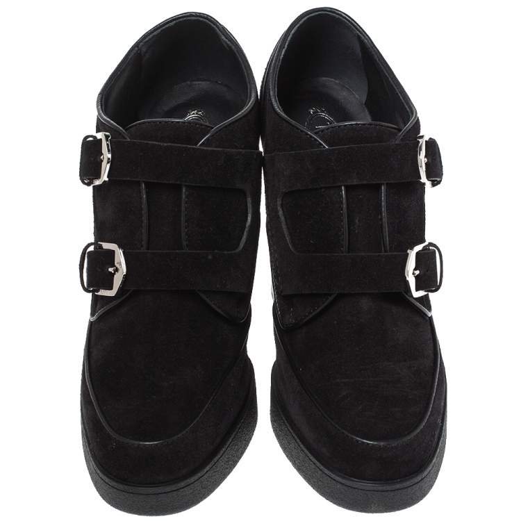 Pre Owned Tod's Black Suede Leather Buckle Detail Platform Booties Size 38.5