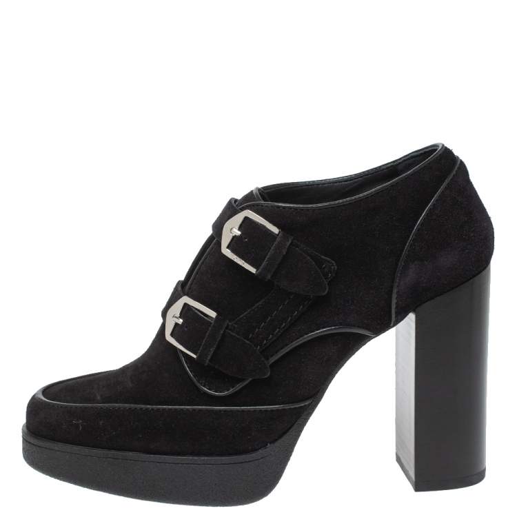 Pre Owned Tod's Black Suede Leather Buckle Detail Platform Booties Size 38.5