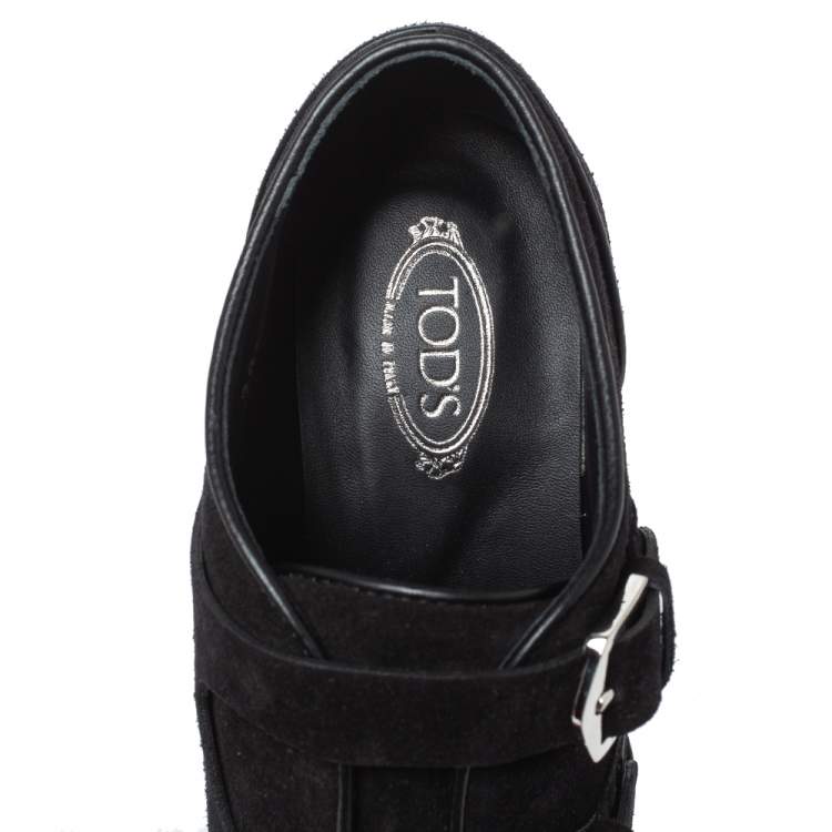 Pre Owned Tod's Black Suede Leather Buckle Detail Platform Booties Size 38.5