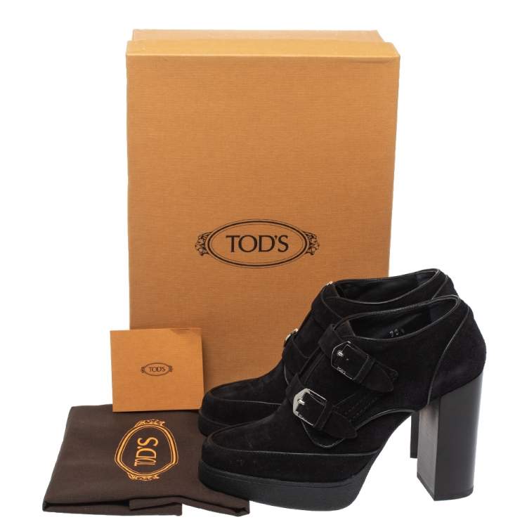 Pre Owned Tod's Black Suede Leather Buckle Detail Platform Booties Size 38.5