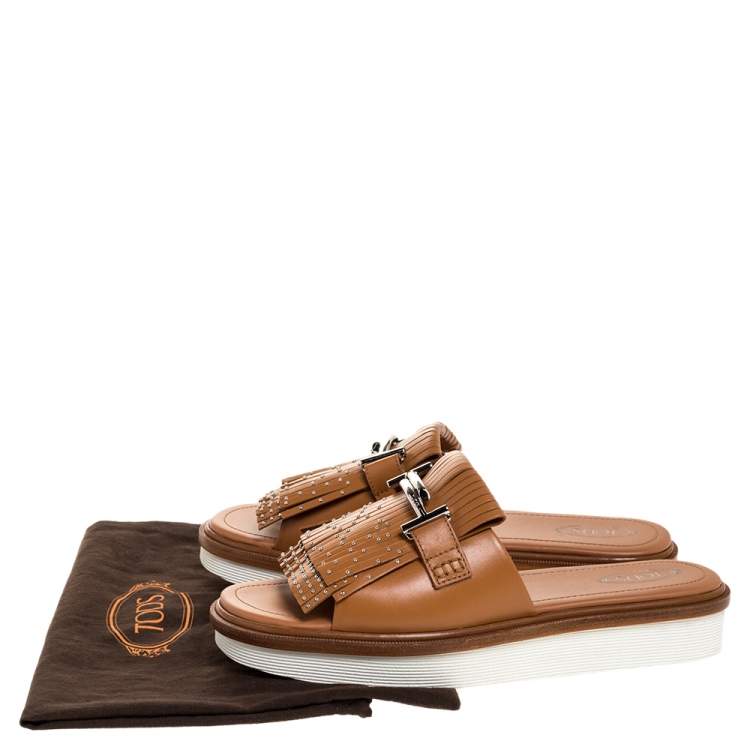 Pre Owned Tod's Brown Leather Double T Studded Fringe Flat Sandals Size 40.5