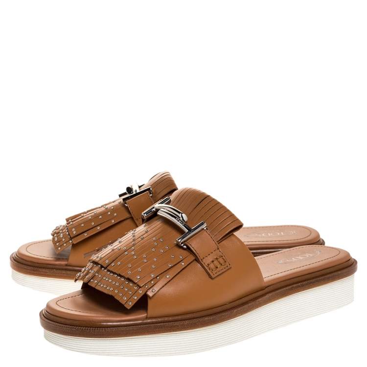 Pre Owned Tod's Brown Leather Double T Studded Fringe Flat Sandals Size 40.5