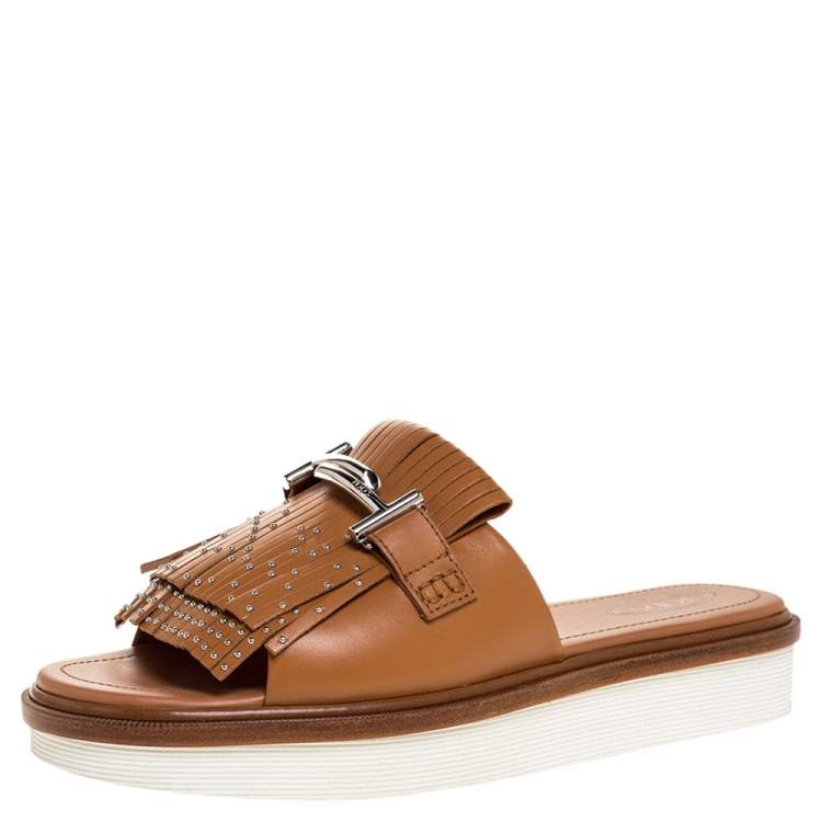 Pre Owned Tod's Brown Leather Double T Studded Fringe Flat Sandals Size 40.5