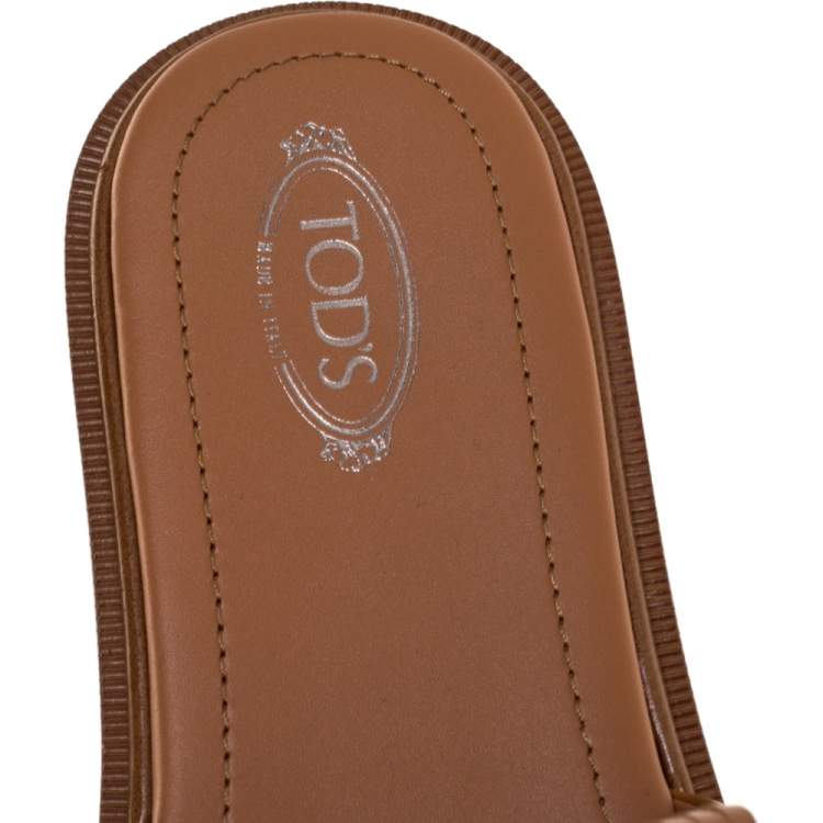 Pre Owned Tod's Brown Leather Double T Studded Fringe Flat Sandals Size 40.5