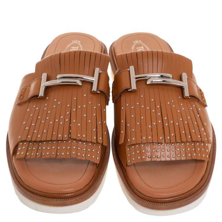 Pre Owned Tod's Brown Leather Double T Studded Fringe Flat Sandals Size 40.5