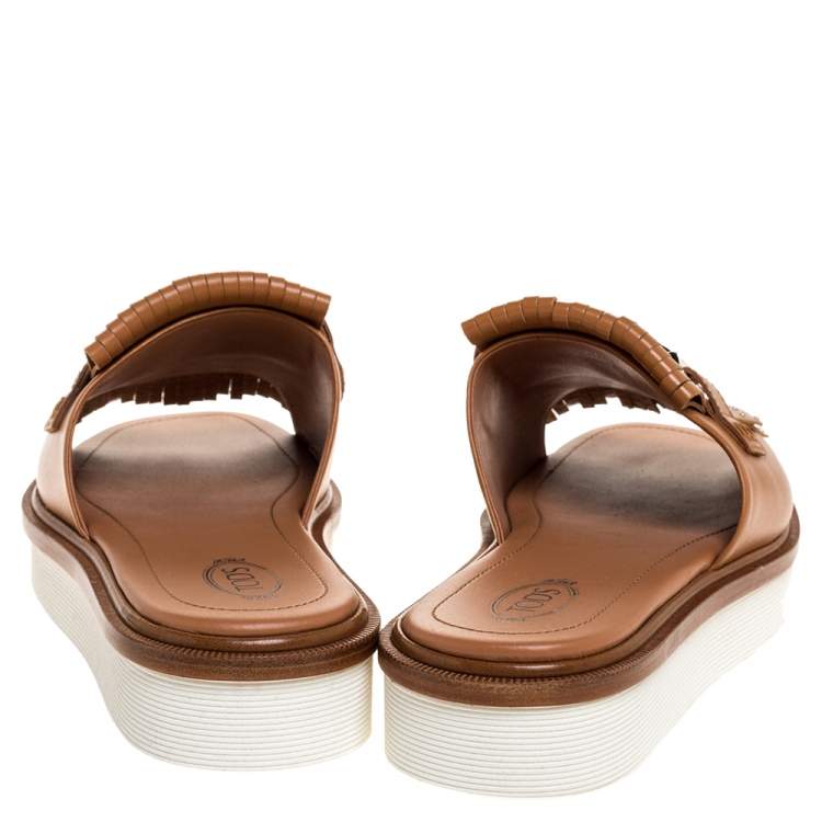 Pre Owned Tod's Brown Leather Double T Studded Fringe Flat Sandals Size 40.5