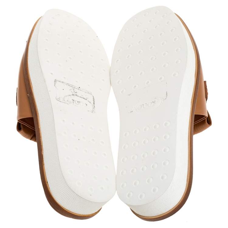 Pre Owned Tod's Brown Leather Double T Studded Fringe Flat Sandals Size 40.5