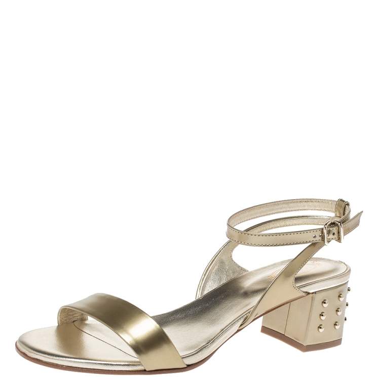 Pre Owned Tod's Gold Patent Leather Studded Heel Ankle Strap Sandals Size 39.5