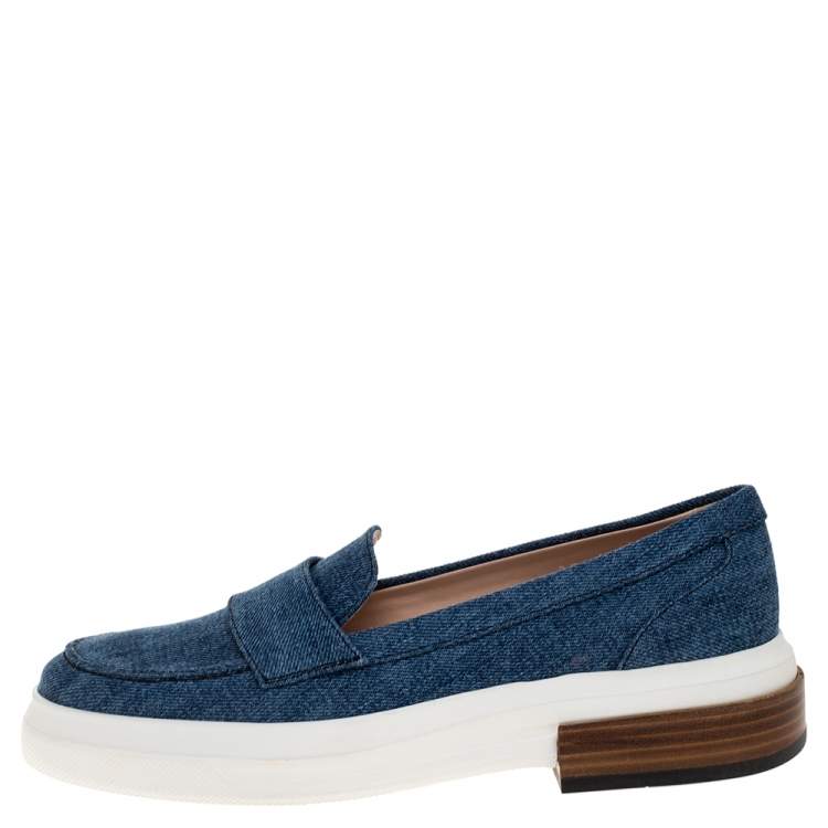 Pre Owned Tod's Blue Denim Fabric Slip On Loafers Size 37