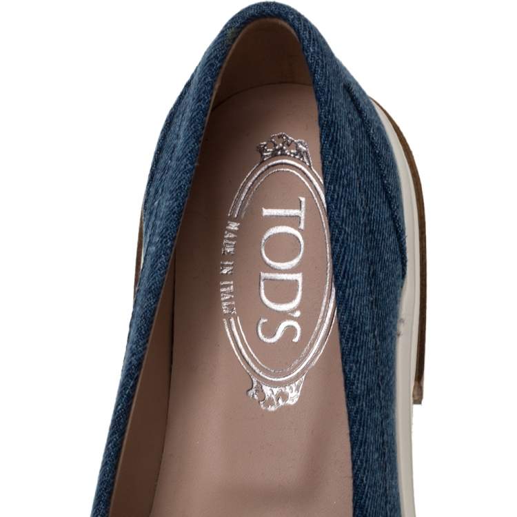 Pre Owned Tod's Blue Denim Fabric Slip On Loafers Size 37