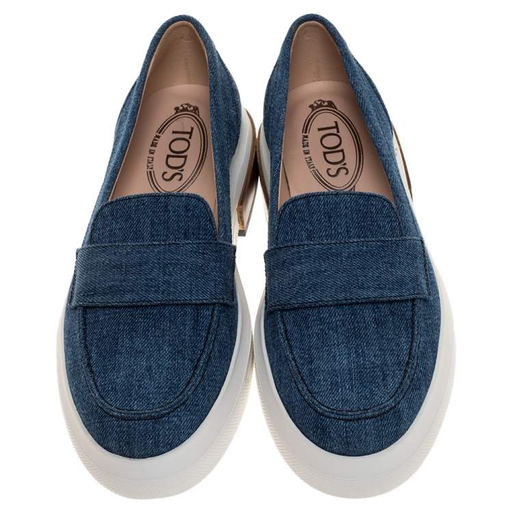 Pre Owned Tod's Blue Denim Fabric Slip On Loafers Size 37