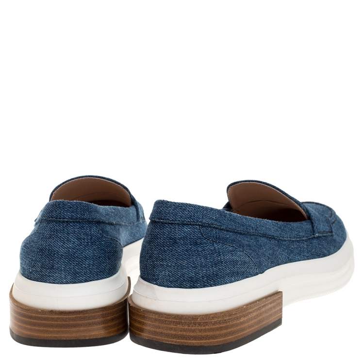 Pre Owned Tod's Blue Denim Fabric Slip On Loafers Size 37