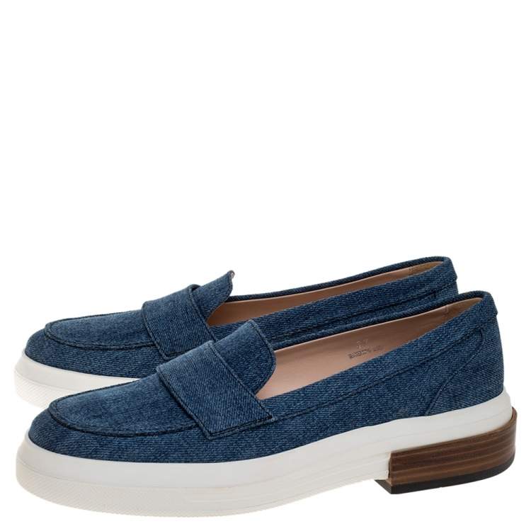 Pre Owned Tod's Blue Denim Fabric Slip On Loafers Size 37