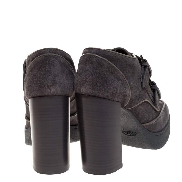 Pre Owned Tod's Grey Suede Leather Buckle Block Heel Ankle Booties Size 38
