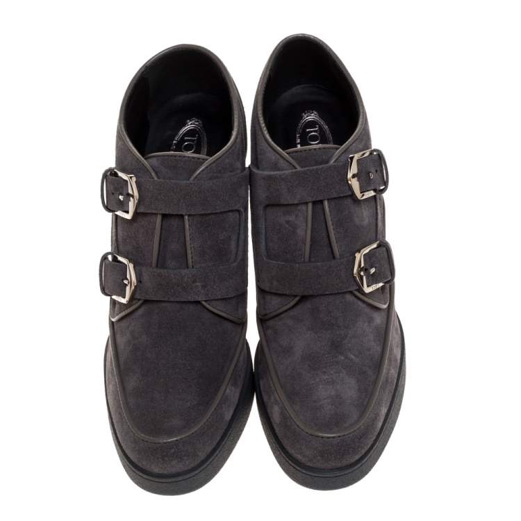 Pre Owned Tod's Grey Suede Leather Buckle Block Heel Ankle Booties Size 38